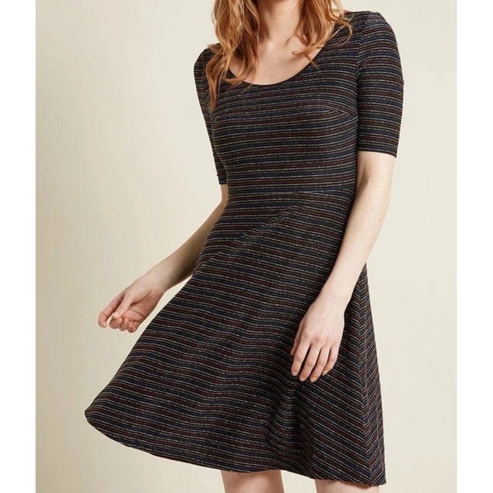 Modcloth A Line Skater Dress Women Small Striped Glitter Sparkle Rainbow Stretch